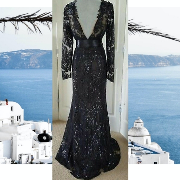 *$1,500.00 MARCHESA NOTTE EXCLUSIVE BLACK LACE BEAD RUNWAY GOWN SIZE US S - Picture 11 of 14